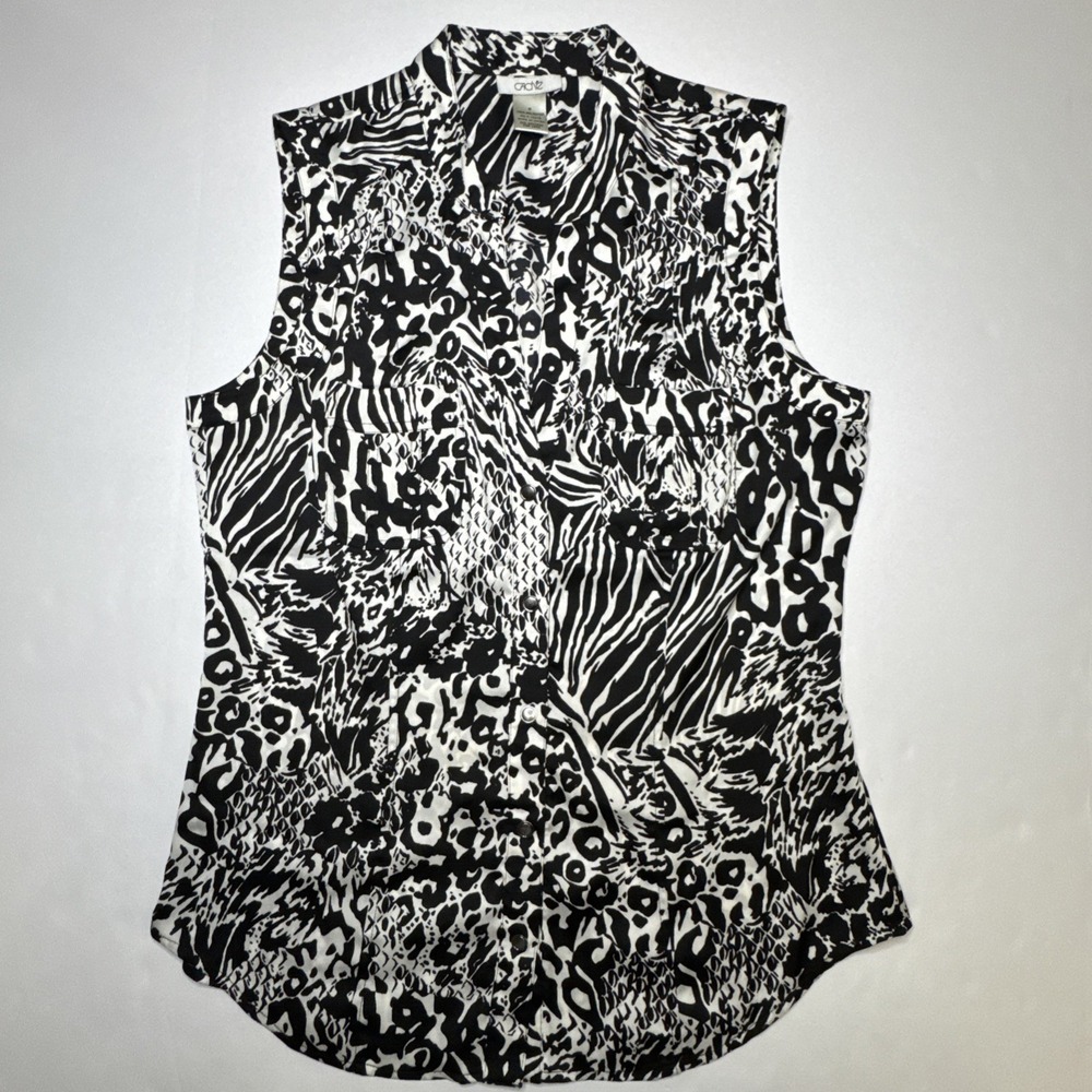 Blouse Mixed Animal Print Black White Medium Cache Sleeveless Snap Button Down‎